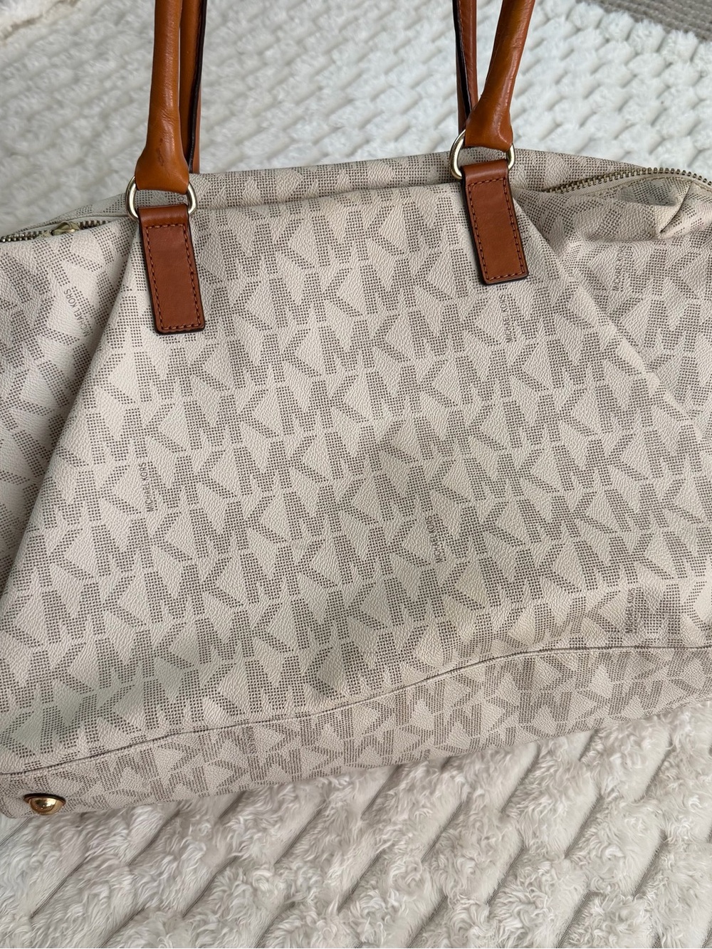 Michael Kors Beige Logo Monogram Tote with Brown Leather Handles